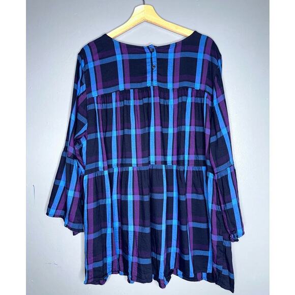 EVRI Plaid Long Sleeve Lightweight Blouse Size 2X Blue Black Purple Plus Flowy - Picture 6 of 6